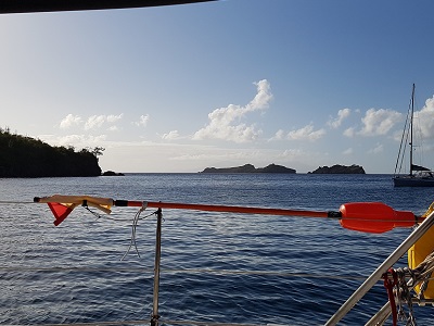 Waking up in our rolly anchorage in the bay of Terre-de-Basse on the way to Point-à-Pitre.