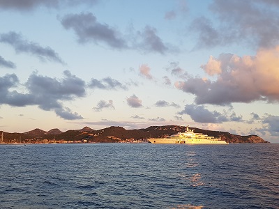 Arriving in Gustavia with the superyacht Eclipse in front of the harbour.