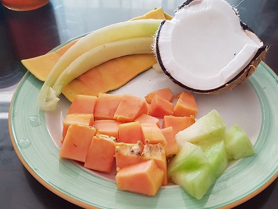 Another breakfast of champions. This time with coconut from the tree just outside the room.